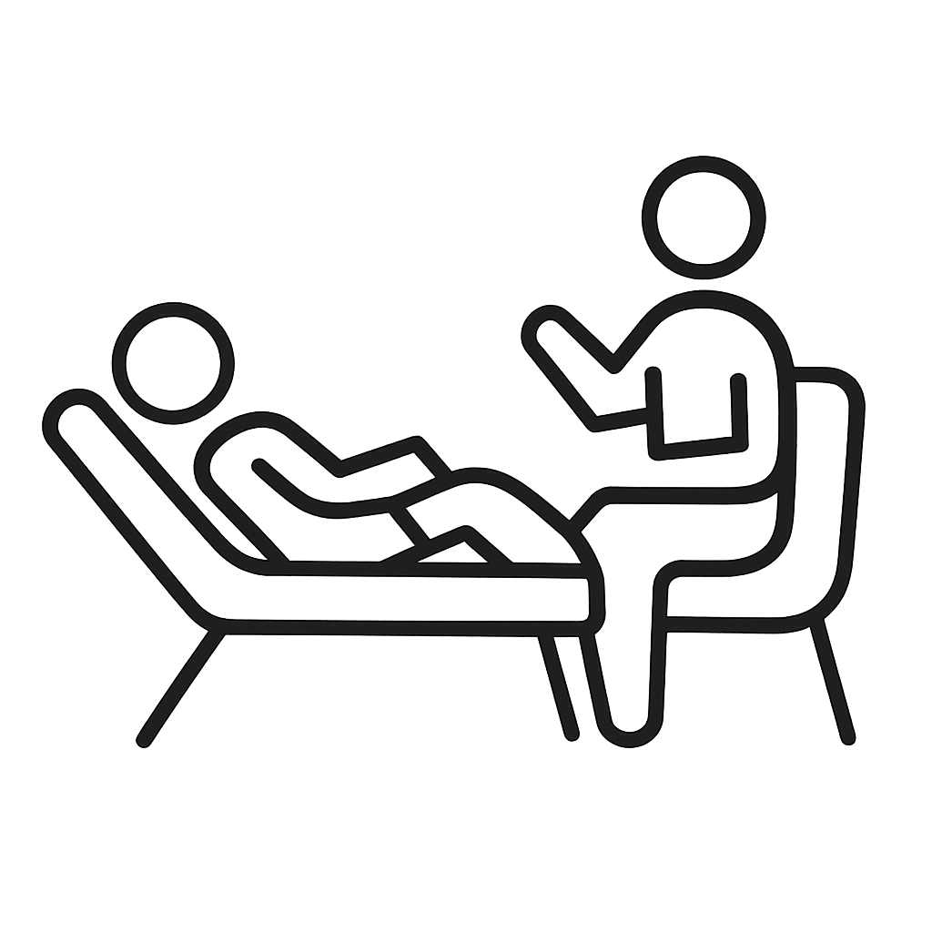 A therapist's office with two people sitting on a couch and chair, featuring a minimalist black line drawing against a bla...