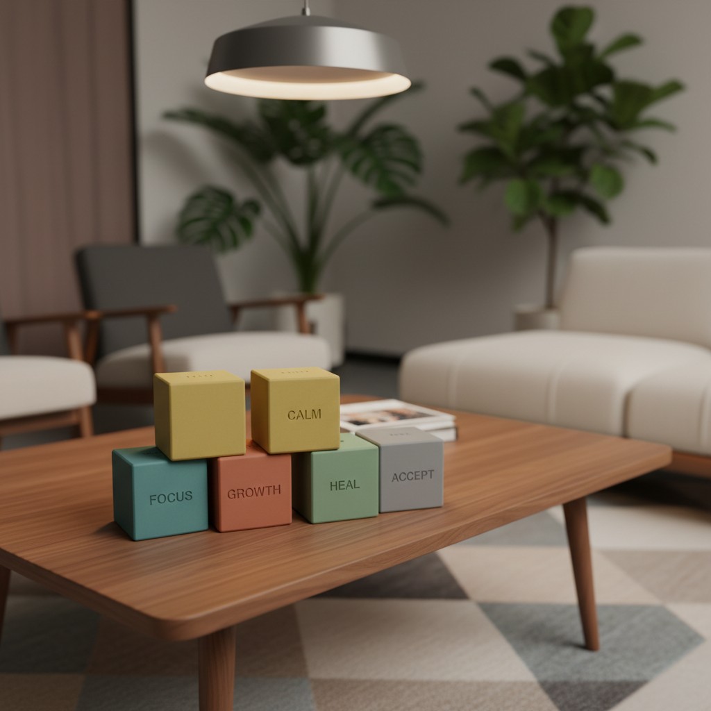 A modern living room with a wooden coffee table, featuring philosophical 'single-purpose' blocks and a midcentury modern l...